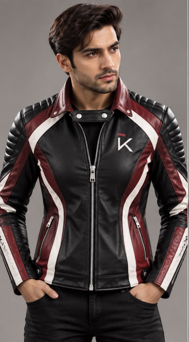 KAPTAN Men’s Black, Burgundy & White Leather Biker Jacket