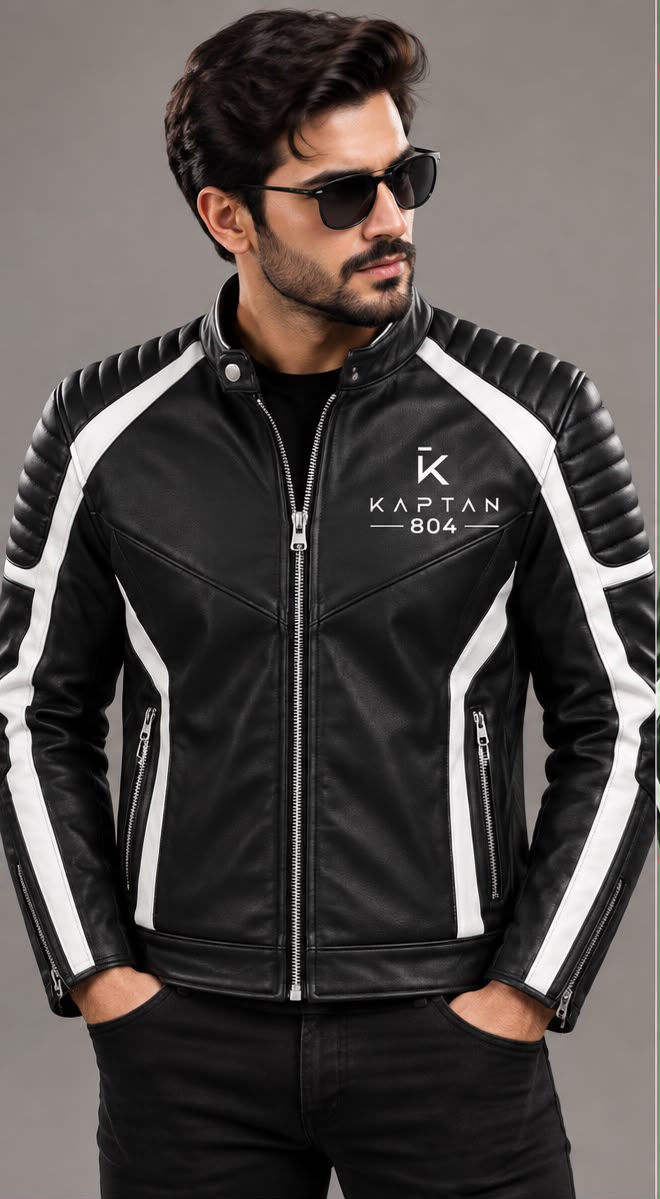 KAPTAN 804 Black & White Premium Biker Leather Jacket