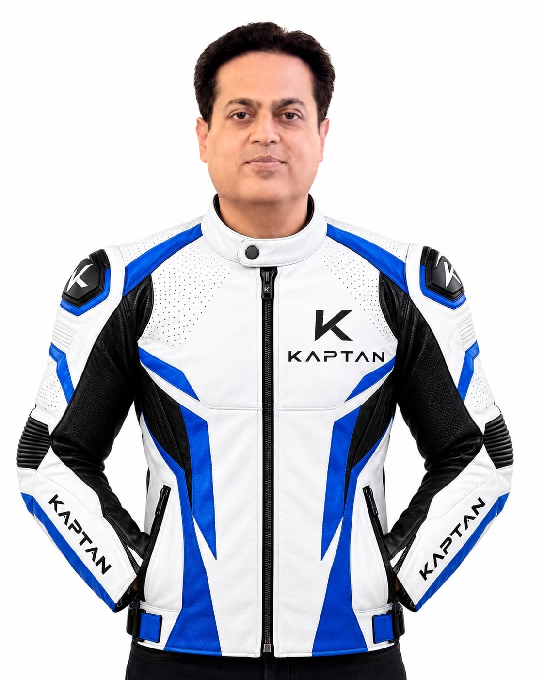 KAPTAN White & Blue Racing Leather Biker Jacket
