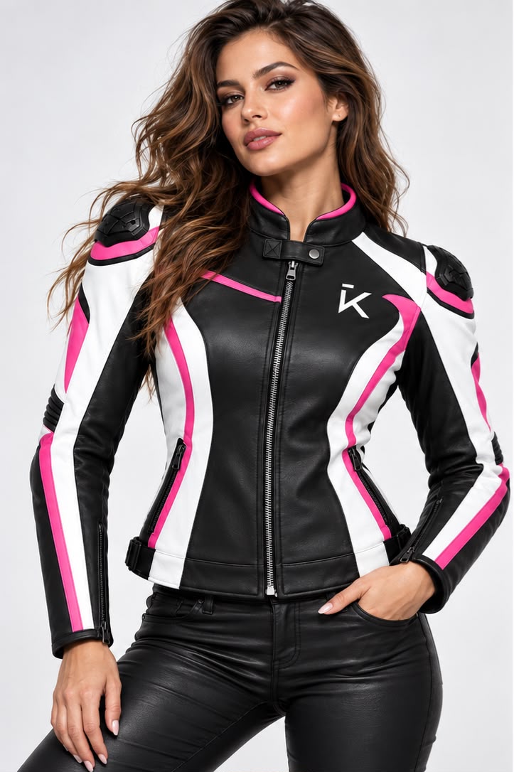 KAPTAN Women’s Black, White & Pink Biker Leather Jacket