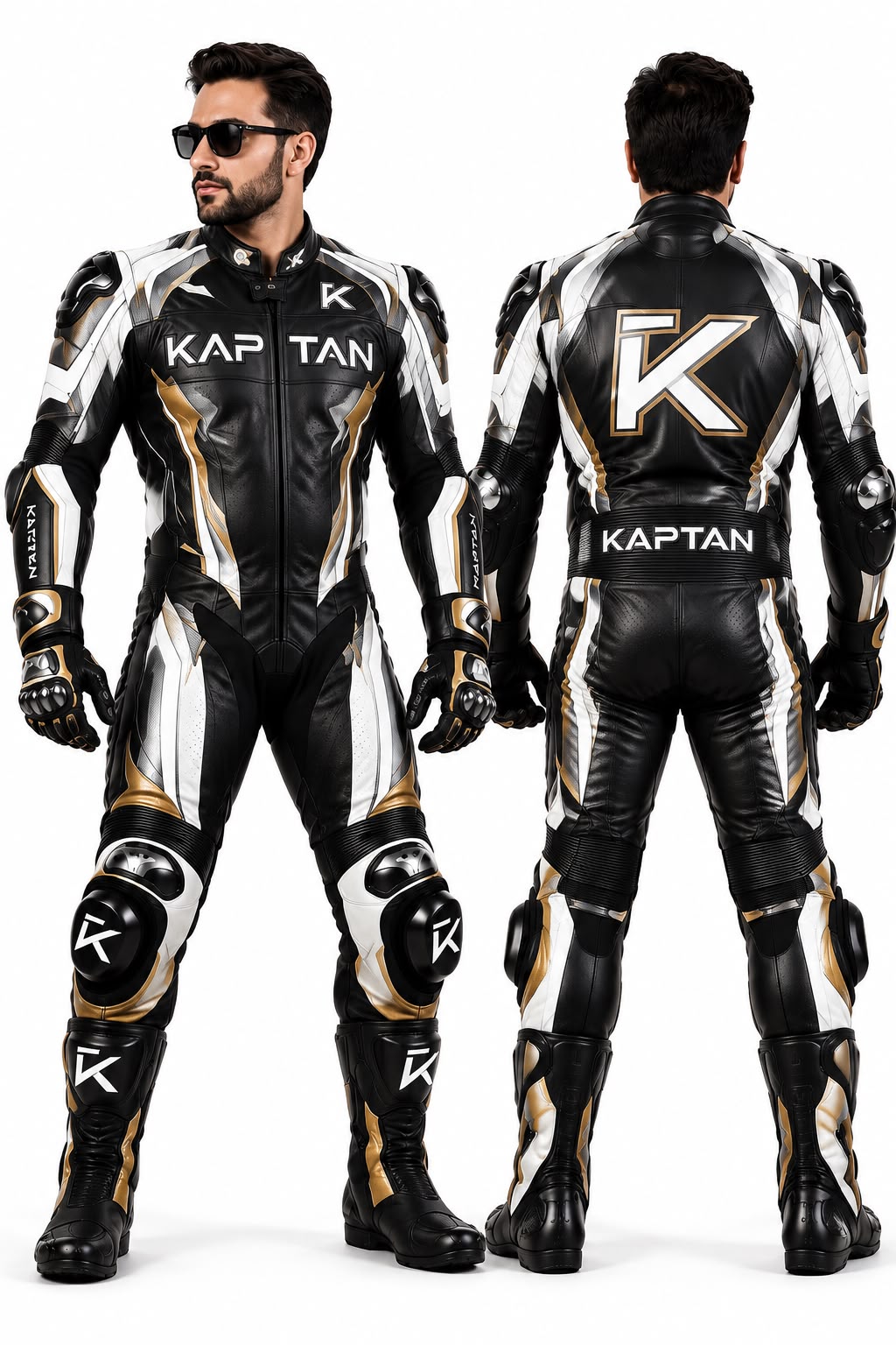 KAPTAN Black White & Gold 1-Piece Motorcycle Racing Leather Suit