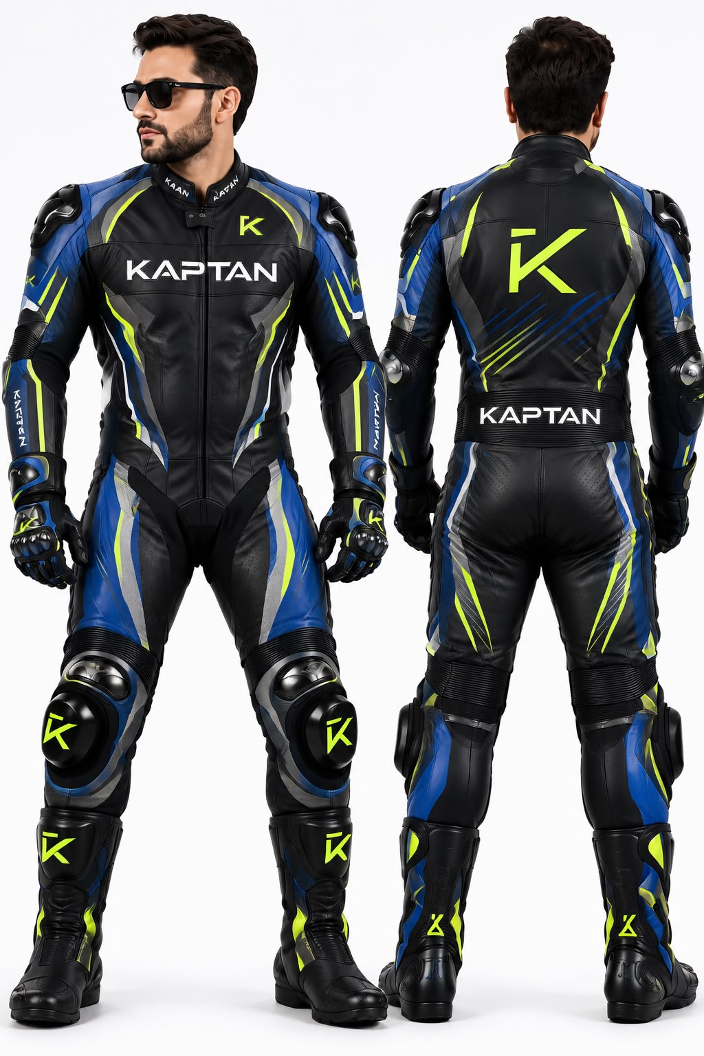 KAPTAN Black Blue & Neon Yellow 1-Piece Motorcycle Racing Leather Suit