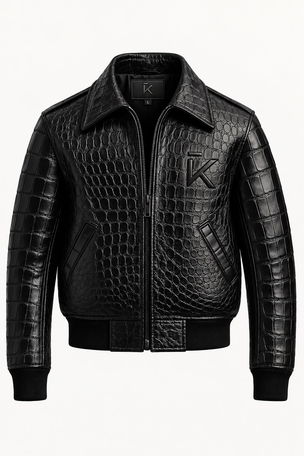Black Crocodile Embossed Cowhide Leather Bomber Jacket